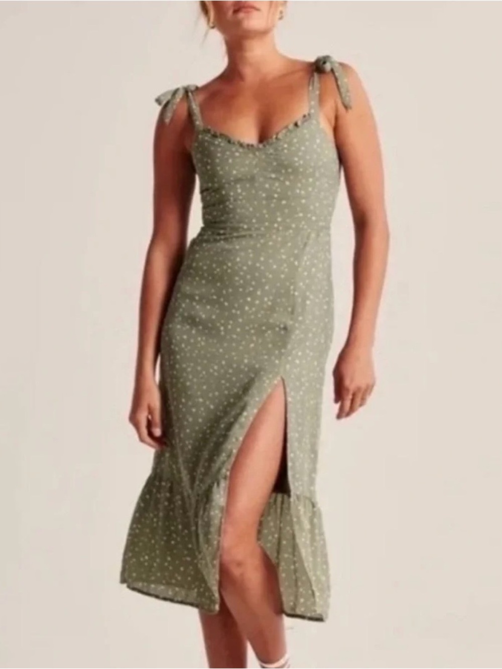 Abercrombie & Fitch Sage Green Polka Dot Tie Strap Midi Dress XS